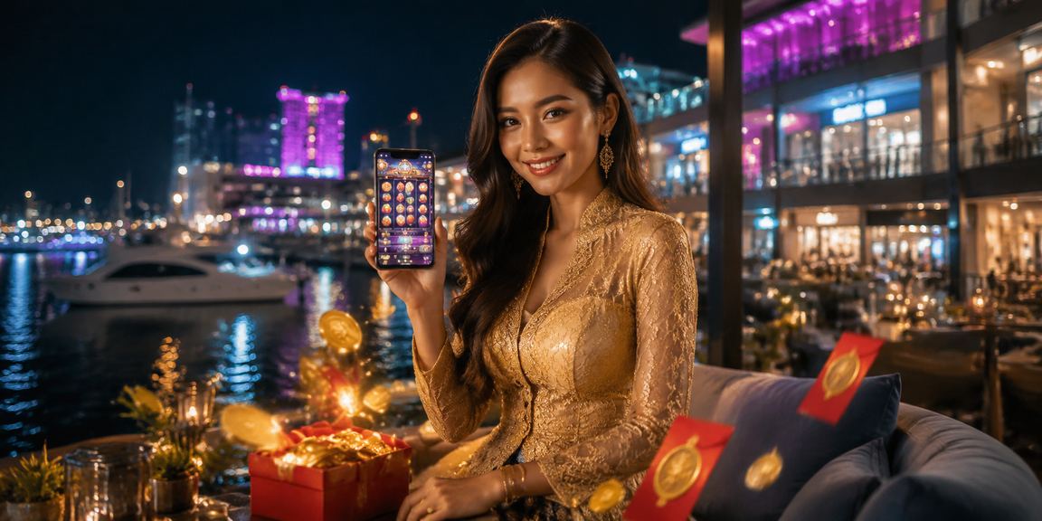 Wanita berbaju kebaya Langkawi memegang sampul merah bonus VIP perayaan winnow44