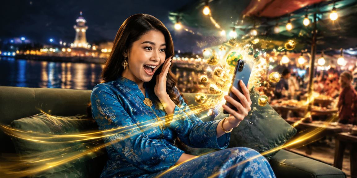 Wanita berbaju kurung bermain loteri dalam talian menggunakan telefon pintar di Malaysia